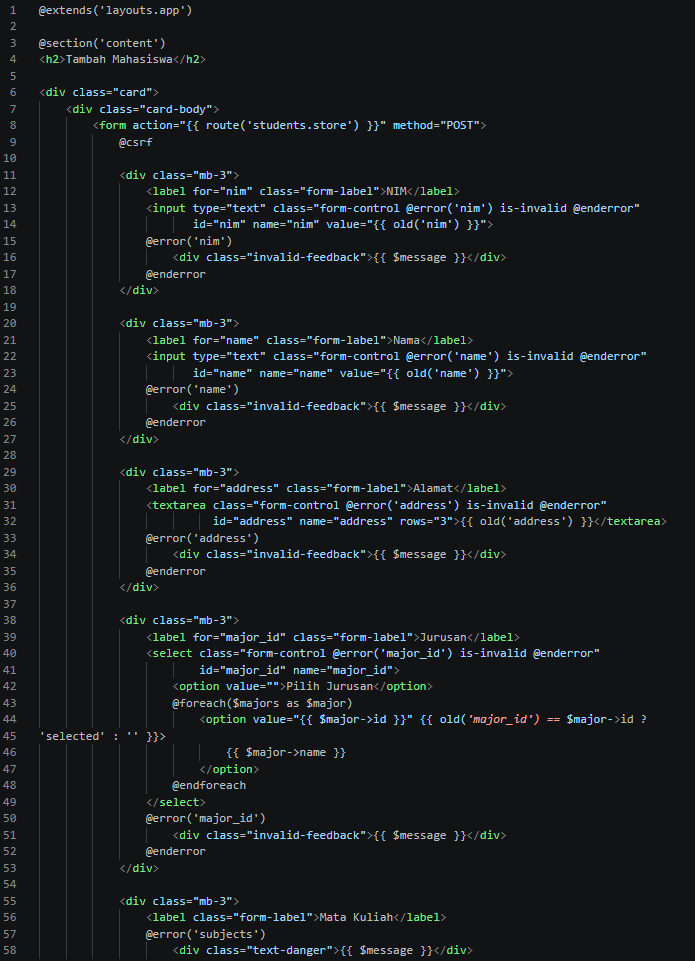 Kode create.blade.php bagian pertama
